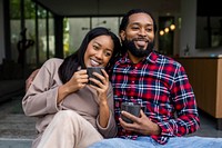 Happy African American couple having coffee