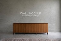 Wall mockup, wooden sideboard and concrete floor interior psd