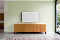 Blank TV screen, living room interior
