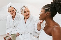 Woman at spa talking, health & wellness photography