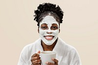 Woman with spa facial mask holding a cup