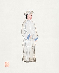 Woman in mourning robe illustration. Digitally enhanced from our own edition of Chinese Costumes (1932). 