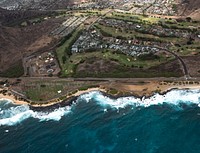 Aerial view of a lush coastal town in California