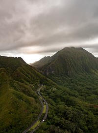 Aerial view of Kamehameha Highway on Kaneohe in Hawaii, USA