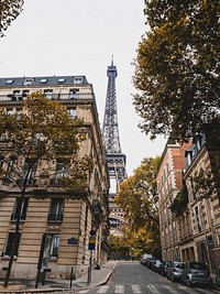 View of the Eiffel Tower from downtown Paris, France