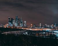 View of Moscow city at night time, Russia