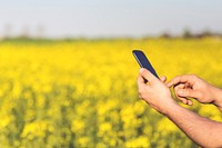 Man using a phone by a field. Visit <a href="https://kaboompics.com/" target="_blank">Kaboompics</a> for more free images.