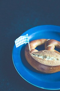 Pretzel on a blue plate