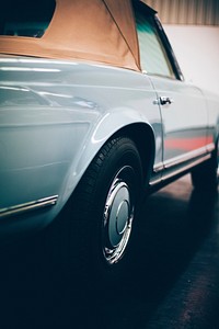 Closeup of a blue vintage car