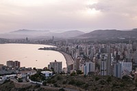 Panoramic view of a populated bay city area with skyscrapers