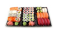 Set of sushi rolls and sashimi in a box