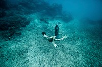 Man diving towards the sea floor in the Buddha Garden in Lambongan Island, Indonesia