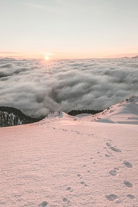 Footsteps on a snowy mountain at the Zillertal Alps, Italy