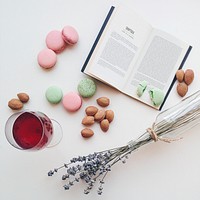 Relaxing day with macaroons, tea, and a book