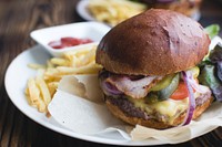 Burger with cheddar cheese and fries food photography