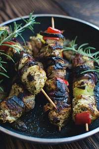 Chicken skewers on a wooden table