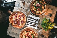 Aerial view of pizza in a restaurant food photography