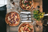Aerial view of pizza in a restaurant food photography