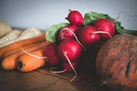 Root vegetables on a wooden table