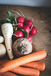 Root vegetables on a wooden table