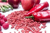 A variety of red fruits and vegetables