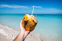 Hand holding a coconut by the beach
