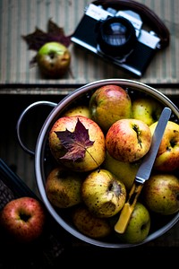 Fresh organic autumn apples in a bowl. Visit <a href="https://monikagrabkowska.com/" target="_blank">Monika Grabkowska</a> to see more of her food photography.