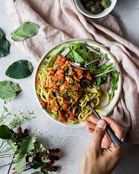 Plant based vegan spaghetti with olives