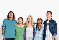 Group of diverse friends looking upwards