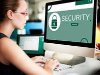 Woman with illustration of computer security system