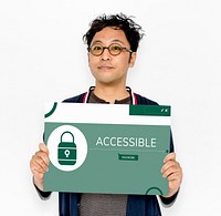 Man holding banner with illustration of computer security system