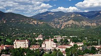 Aerial view of the Broadmoor Hotel, a historic hotel and resort in Colorado Springs, Colorado.