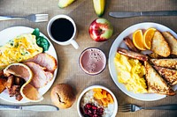 Free view from above of breakfast at a restaurant, public domain food CC0 photo.