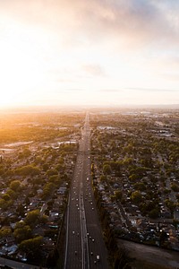 Free city highway aerial view by the sunset public domain CC0 photo.