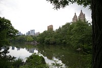 Central Park pond reflecting the NYC skyline.