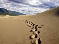 Footprints at Great Sand Dunes National Monument and Preserve, one of America&#39;s newest national parks to be established (in 2004), in the San Luis Valley at the base of the Sangre de Cristo Range.