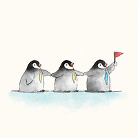 Three cute penguins with a flag