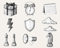 Psd black and white business icon cartoon collection