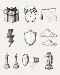 Psd black and white business icon cartoon collection