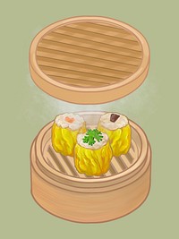 Chinese dumplings in a bamboo steamer illustration
