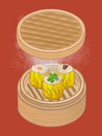 Chinese dumplings in a bamboo steamer illustration