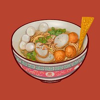 Nooodle soup with fish balls illustration