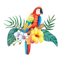 Hand drawn parrot with tropical flowers