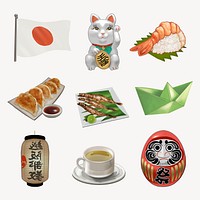 Japanese aesthetic stickers, traditional realistic illustration set psd