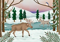 Hand-drawn moose and reindeer in a snow-covered forest