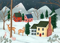 A village with animals and houses in snow