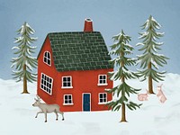 Hand-drawn red house surrounded by wild animals in a snowy forest