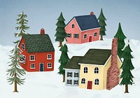 Hand-drawn countryside village covered in winter snow