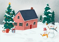 Hand-drawn red house on a white Christmas next to a decorated Christmas tree and two snowmen