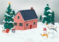 Hand-drawn red house on a white Christmas next to a decorated Christmas tree and two snowmen